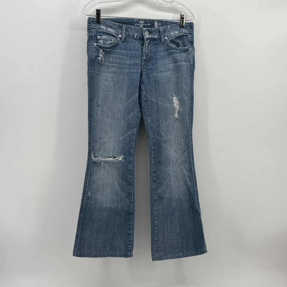 7 For All Mankind Lexie A Pocket Flare Jeans Blue Distressed Low Rise Petite 27